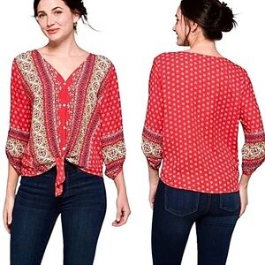 Stitch Fix West Kei Talina Boho Oversized Blouse Tie Front Roll Tab Sleeves